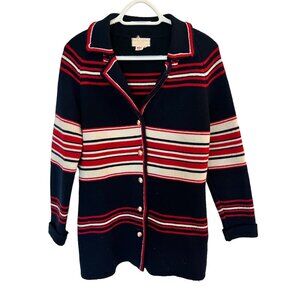 Vintage Lambswool Cardigan Sweater Hand Loomed Striped Navy Red White Sz M